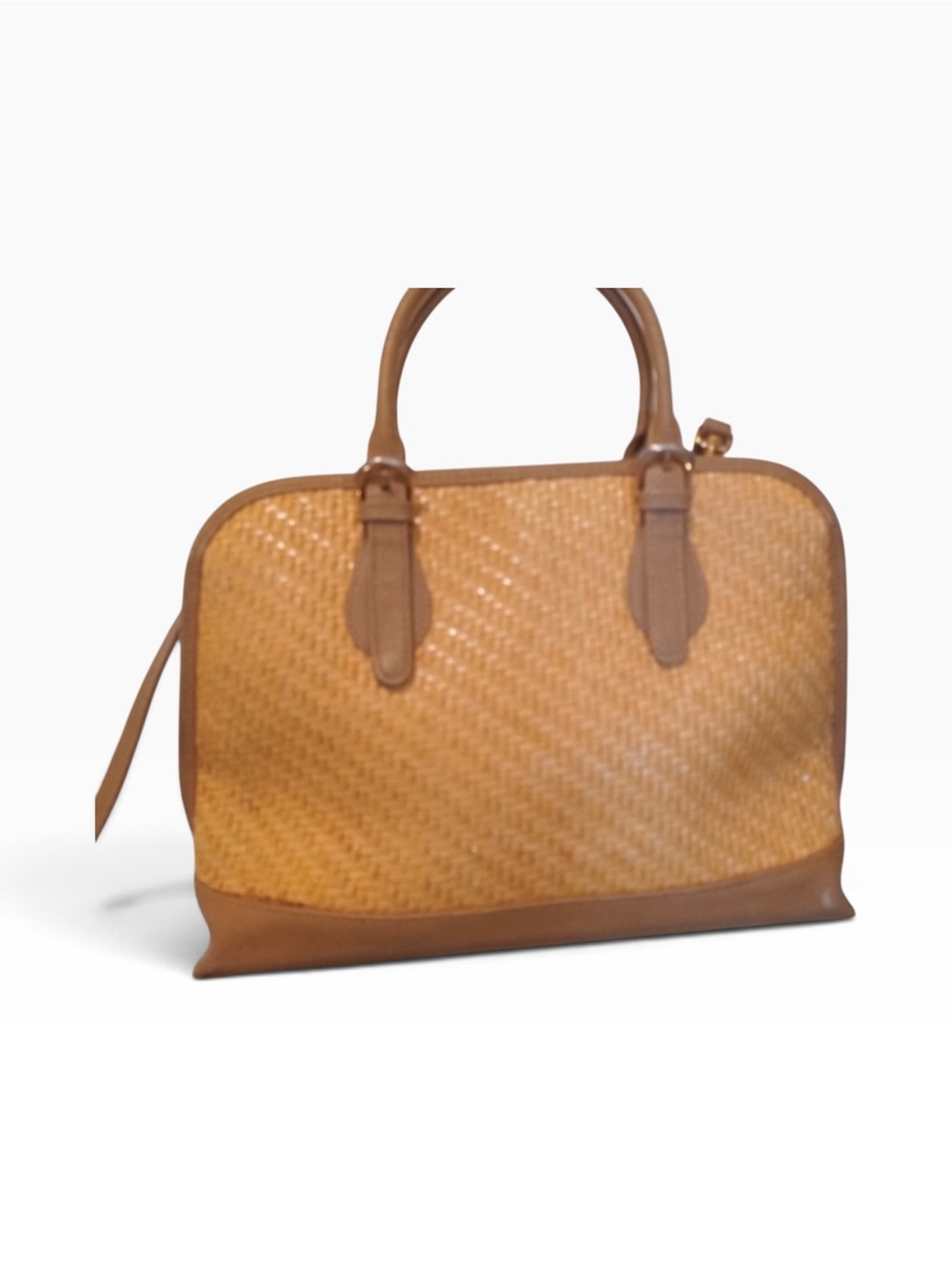 Woven Straw Satchel with Brown Leather Trim